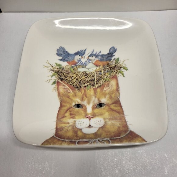 Mary Lake Thompson cat dish Trinket Cat With Bluebird Nest Shabby Cottage Kitty - Picture 1 of 6